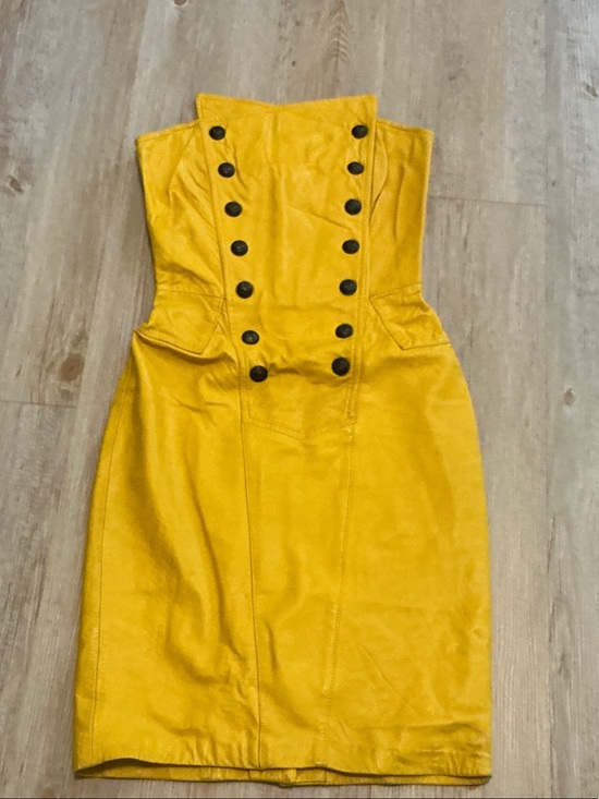 North Beach Leather Dresses & Skirts - North Beach Leather Strapless Yellow Leather Pencil Dress with Black Buttons